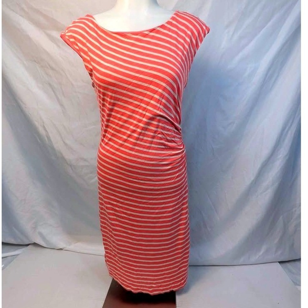 Ann Taylor LOFT ~ Striped Sheath Dress~Size Small Coral/Cream~Ruched Cap Sleeve